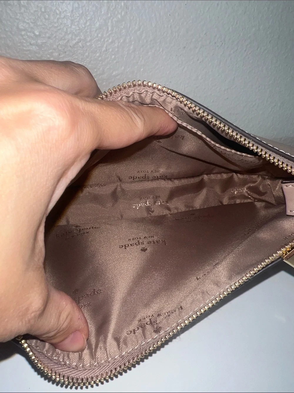 Kate Spade Taupe Pebbled Leather Crossbody with Striped Strap